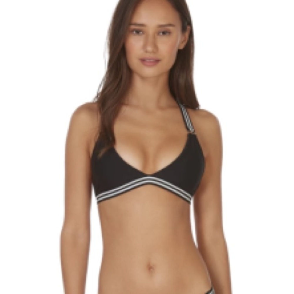 Mikoh Monterey T-Back Top in Night Black White Elastic Sporty Straps Large
